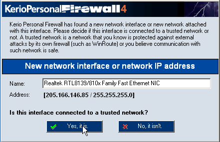 Kerio Personal Firewall dialogue box